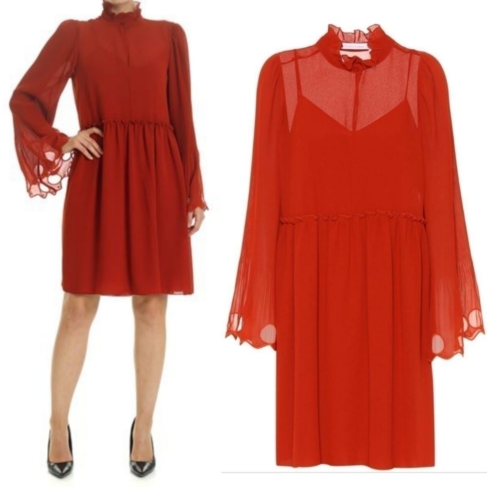 NWT See by Chloe Boho Earthy Red georgette dress with gathered collar.